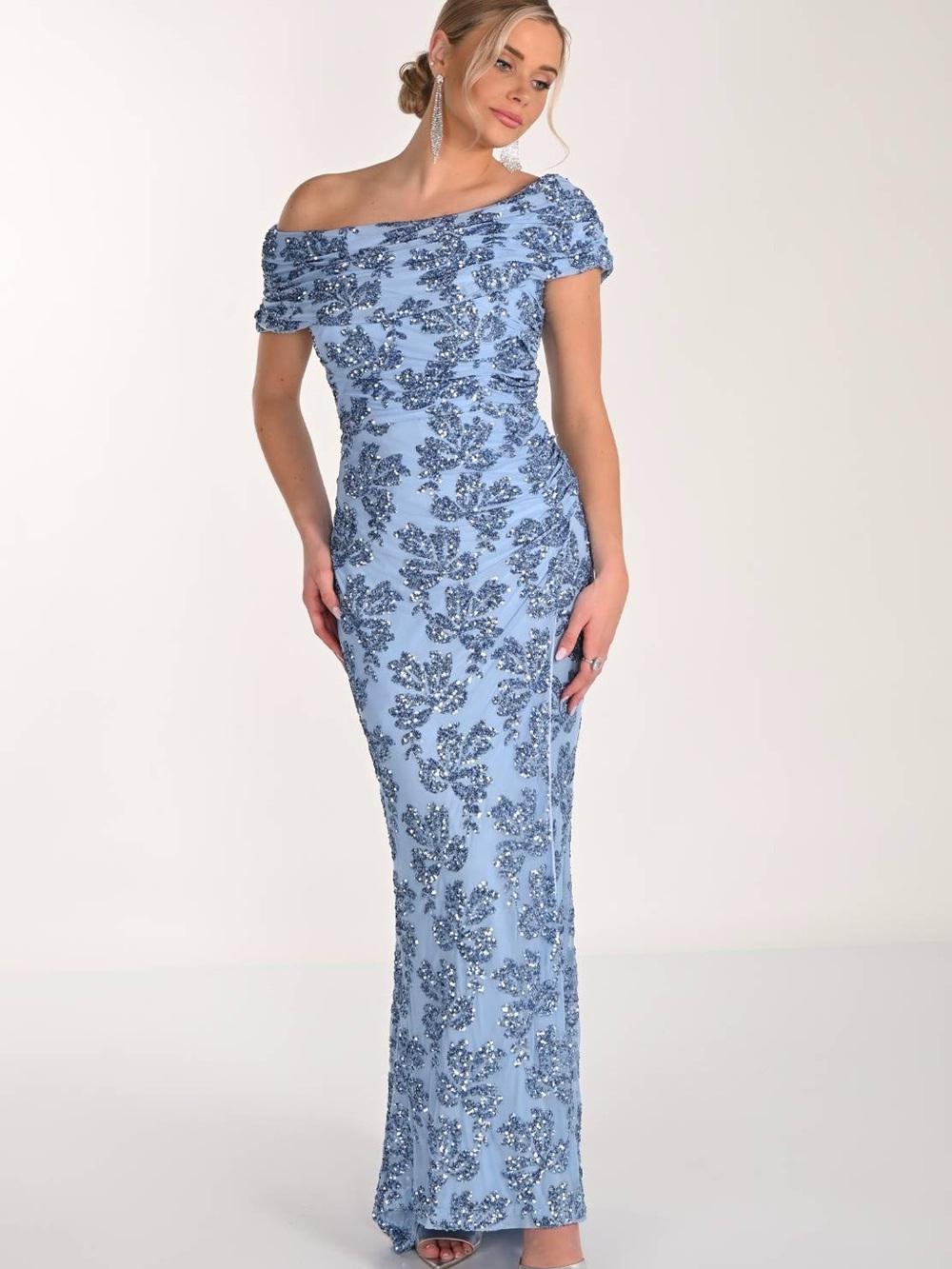 Frank Lyman Design One-Shoulder mother of the bride light Blue Sequin Gown